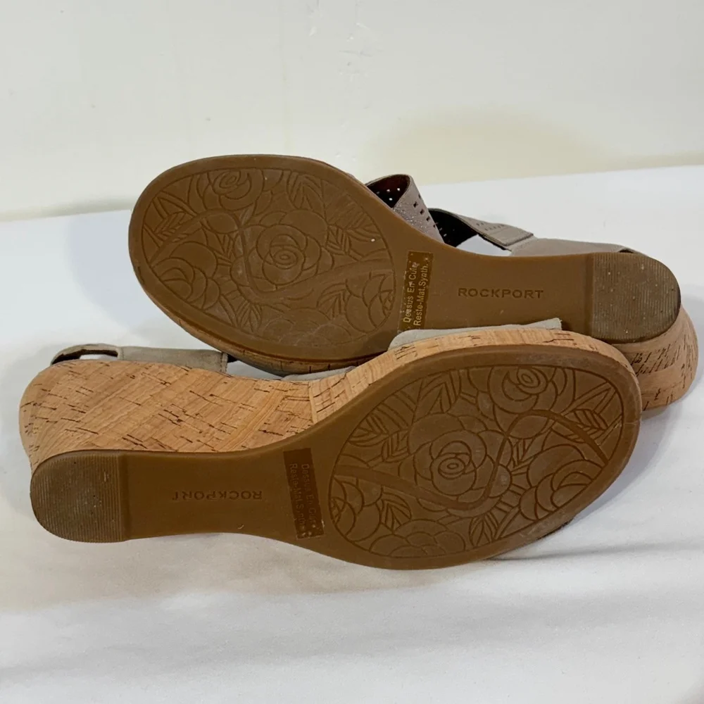 Rockport Cork Wedge Sandals Women’s Size 8 Crisscross Strappy Taupe Brown Gray